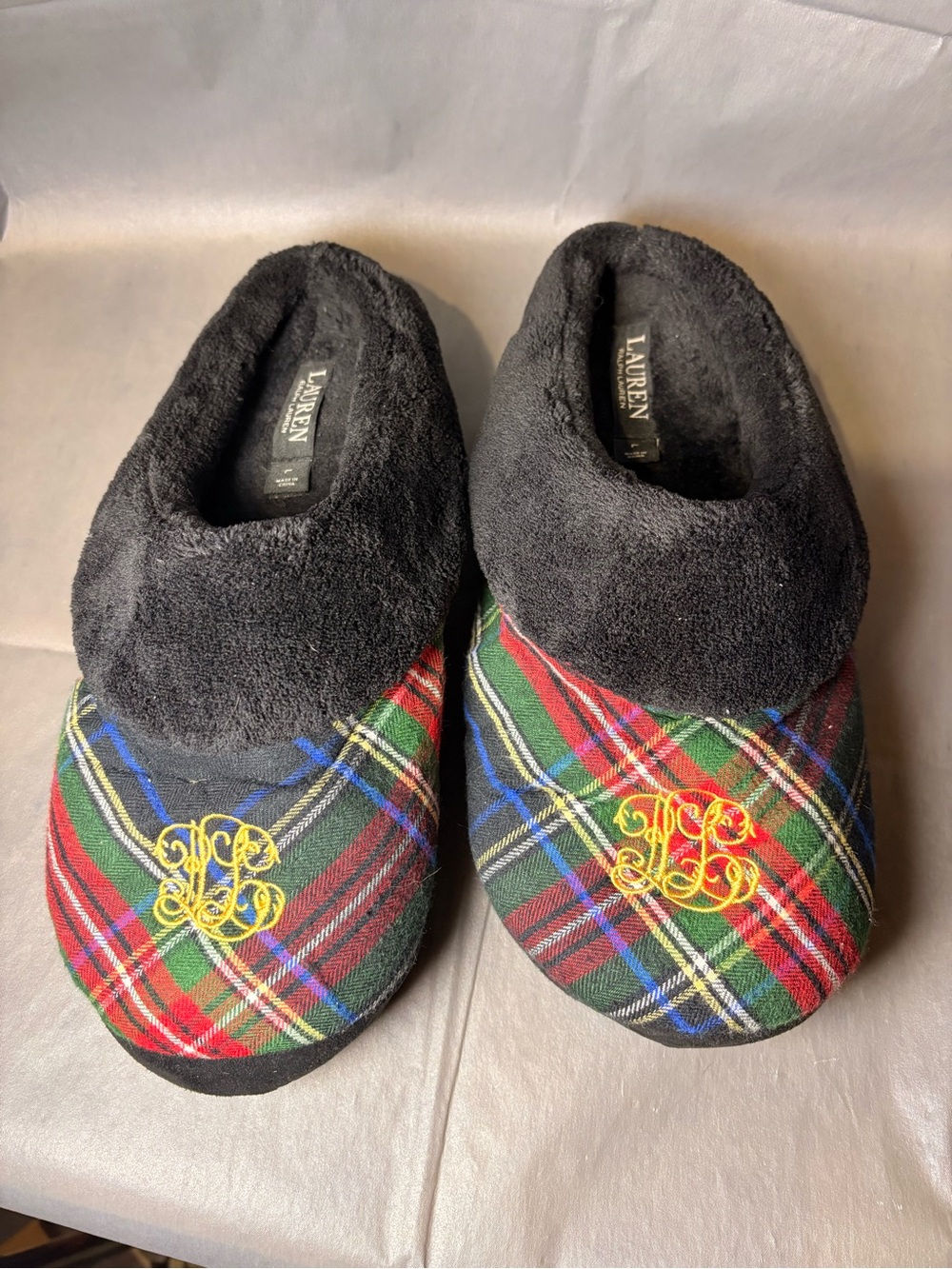 Ralph Lauren Women’s Plaid Slip-On Slippers with Gold Monogram